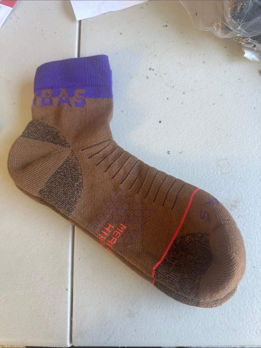 Men's Bombas Performance Ankle Sock in Brown with Purple Cuff Merino Wool Blend